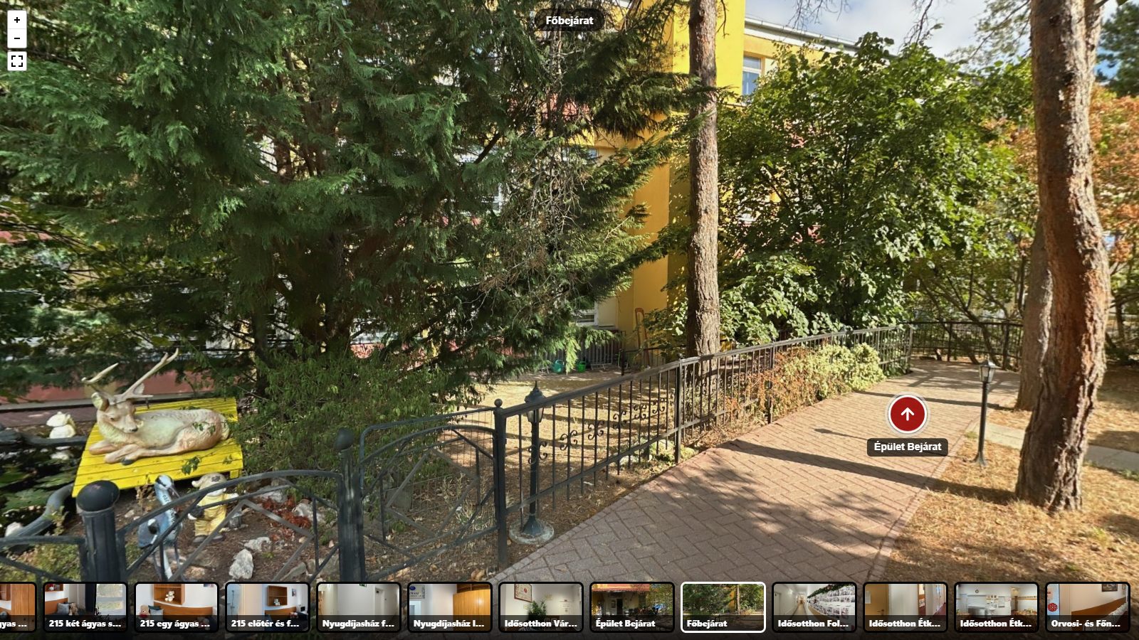 Screenshot of a 360° tour of a nursing home: a garden path with a navigation arrow and a thumbnail strip of 17 rooms along the bottom
